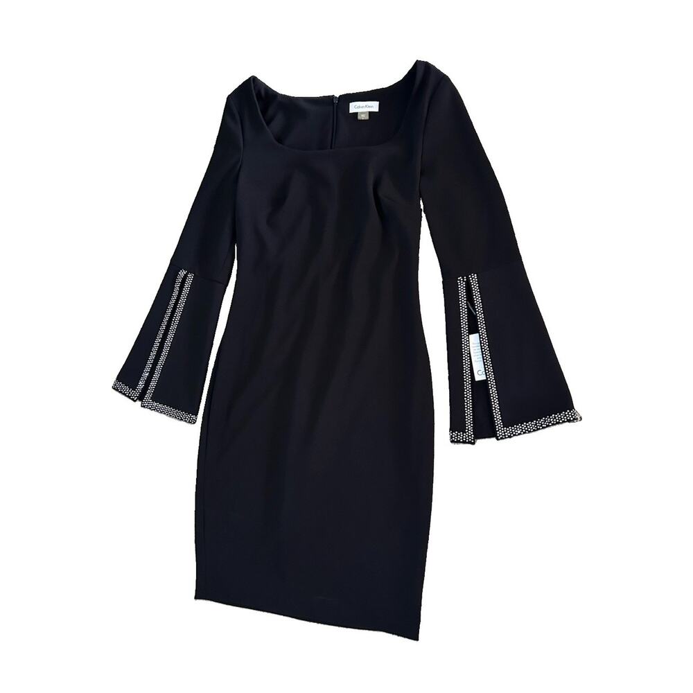 NWT Calvin Klein Black Dress Knee Length Size 4 Slit Sleeves Rhinestones Classy - Picture 2 of 7